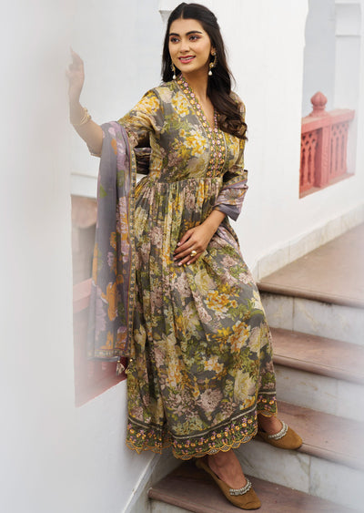 Grey Cotton Anarkali Suit