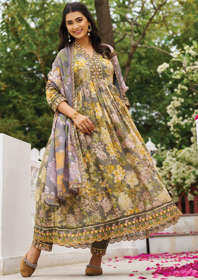 Grey Cotton Anarkali Suit