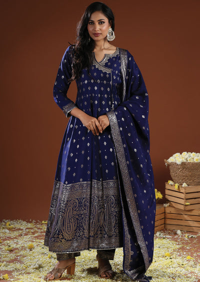 Navy Blue Banaras Silk Anarkali Suit