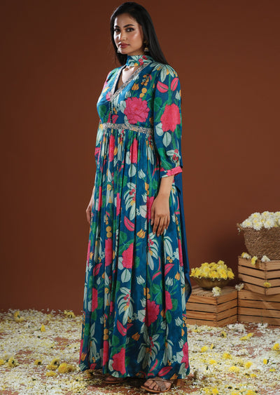 Rama Blue Chinnon Anarkali Suit