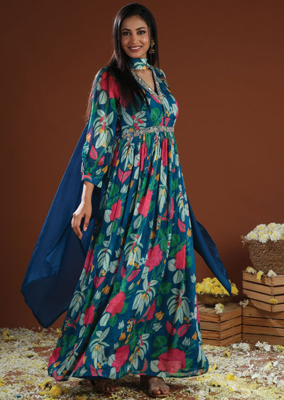 Rama Blue Chinnon Anarkali Suit
