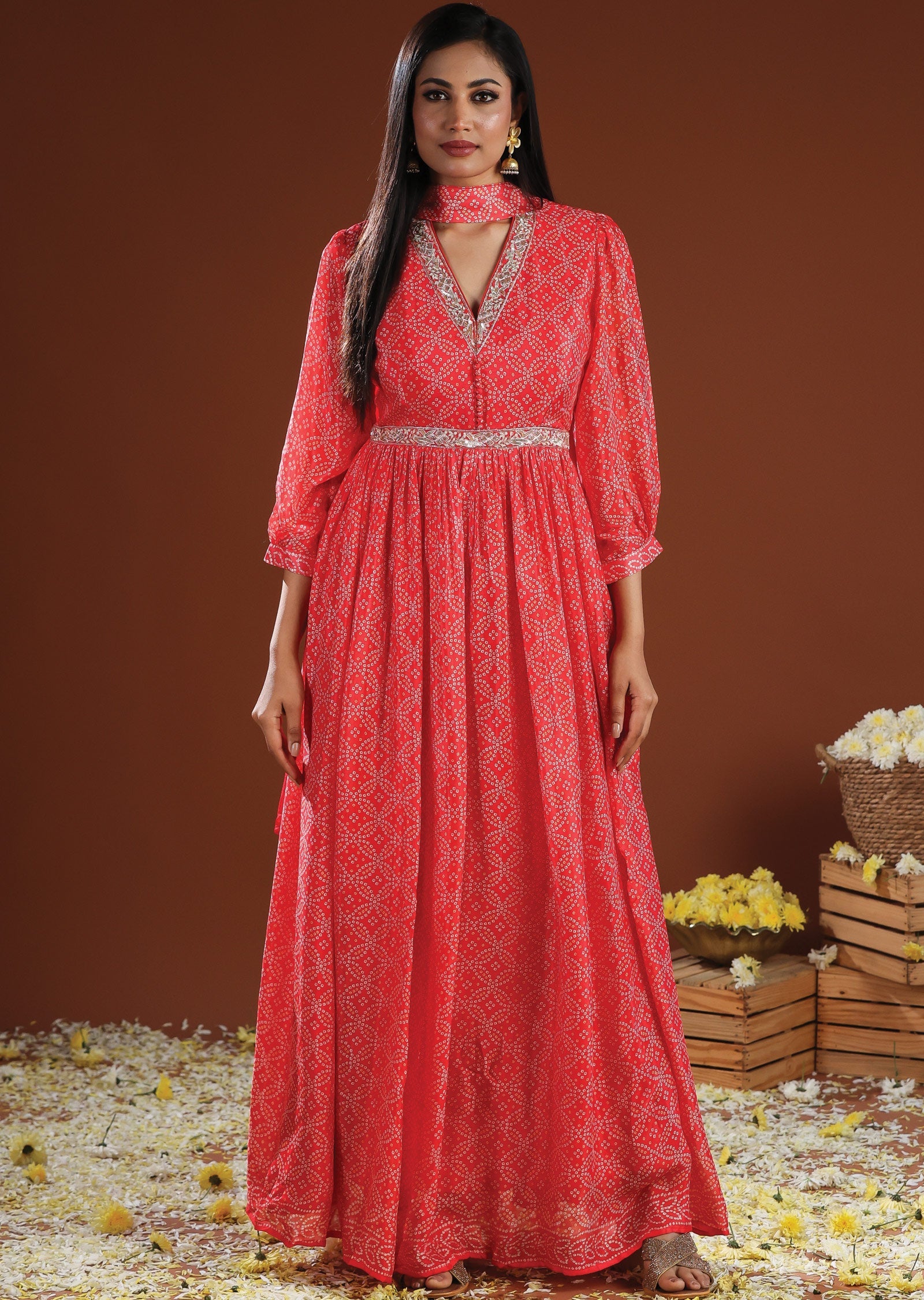 Coral Pink Chinnon Anarkali Suit