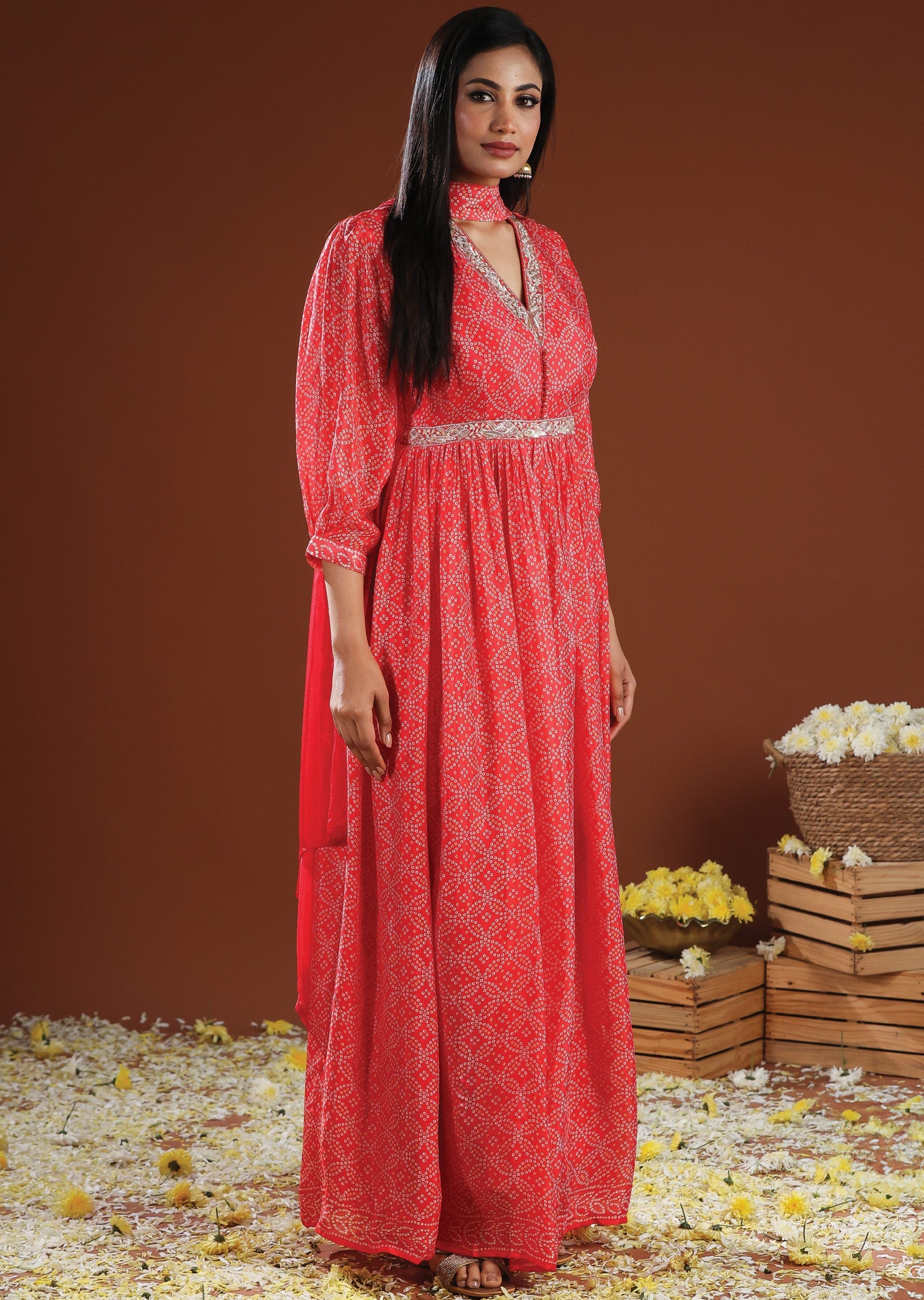 Coral Pink Chinnon Anarkali Suit