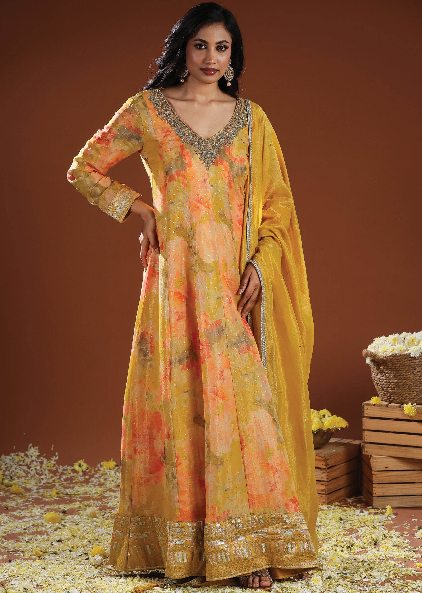 Yellow Banarasi Organza Anarkali Suit