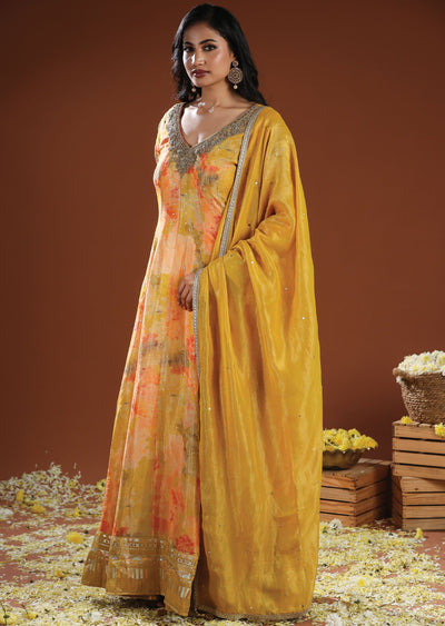 Yellow Banarasi Organza Anarkali Suit