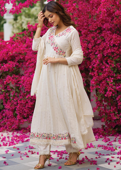 Off White Linen Cotton Anarkali Suit