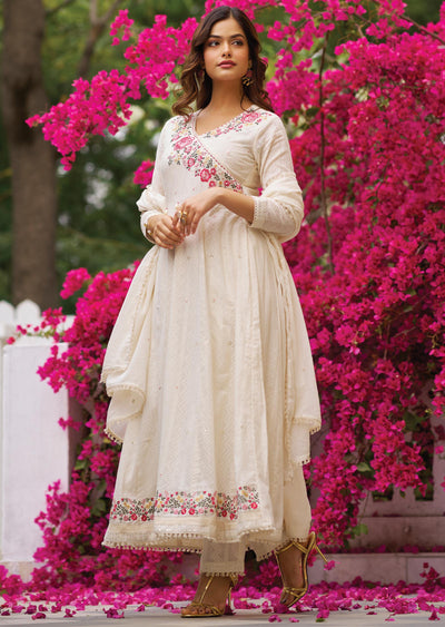 Off White Linen Cotton Anarkali Suit