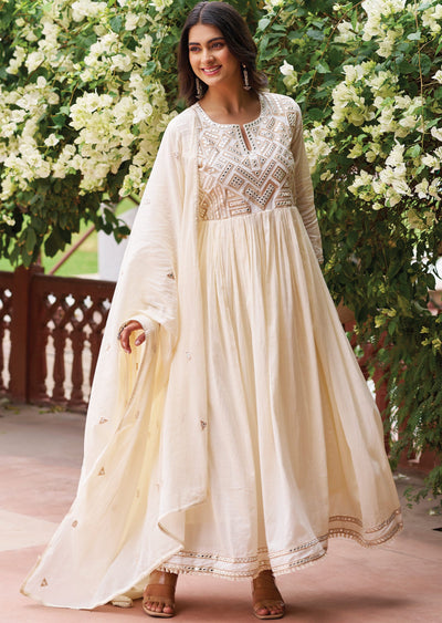 Off White Cotton Anarkali Suit