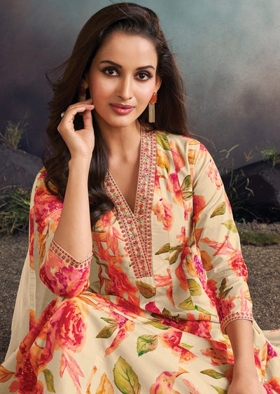 Cream Soft Silk Anarkali Suit