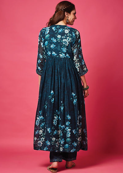 Teal Blue Cotton Anarkali Suit