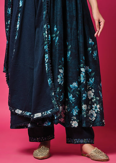 Teal Blue Cotton Anarkali Suit