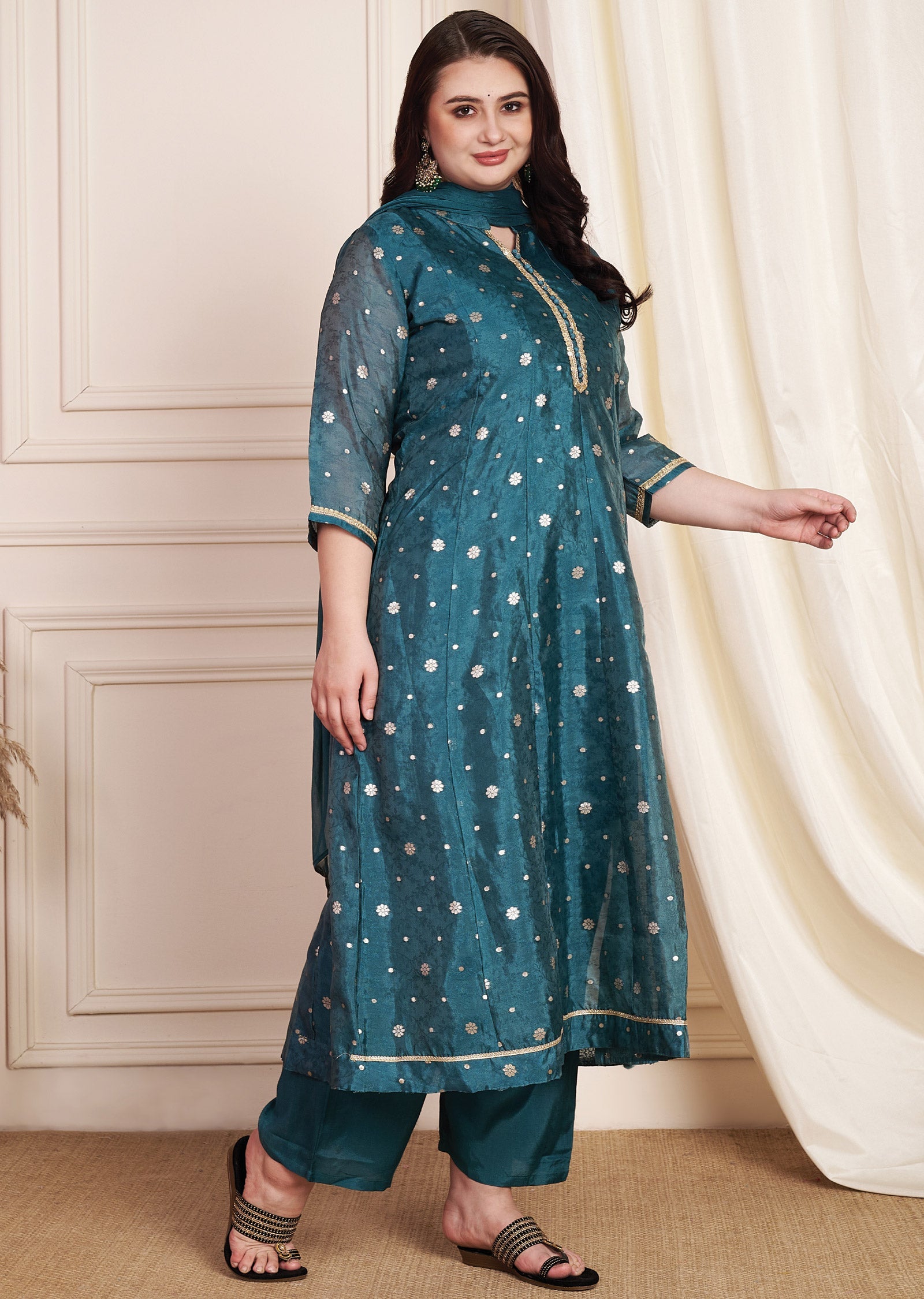 Dark Rama Green Tissue Silk Anarkali Suit