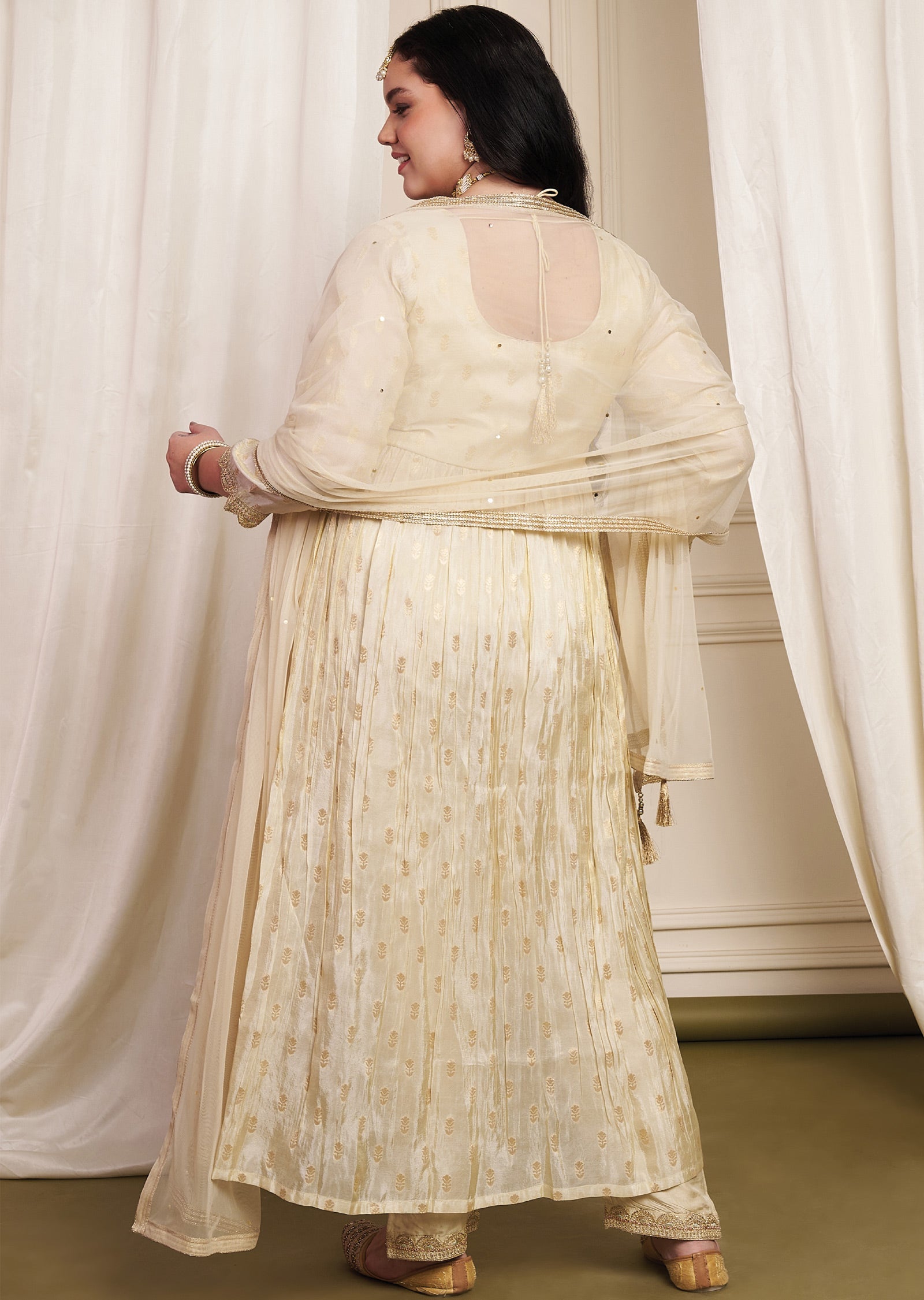 Beige Banaras Silk Anarkali Suit