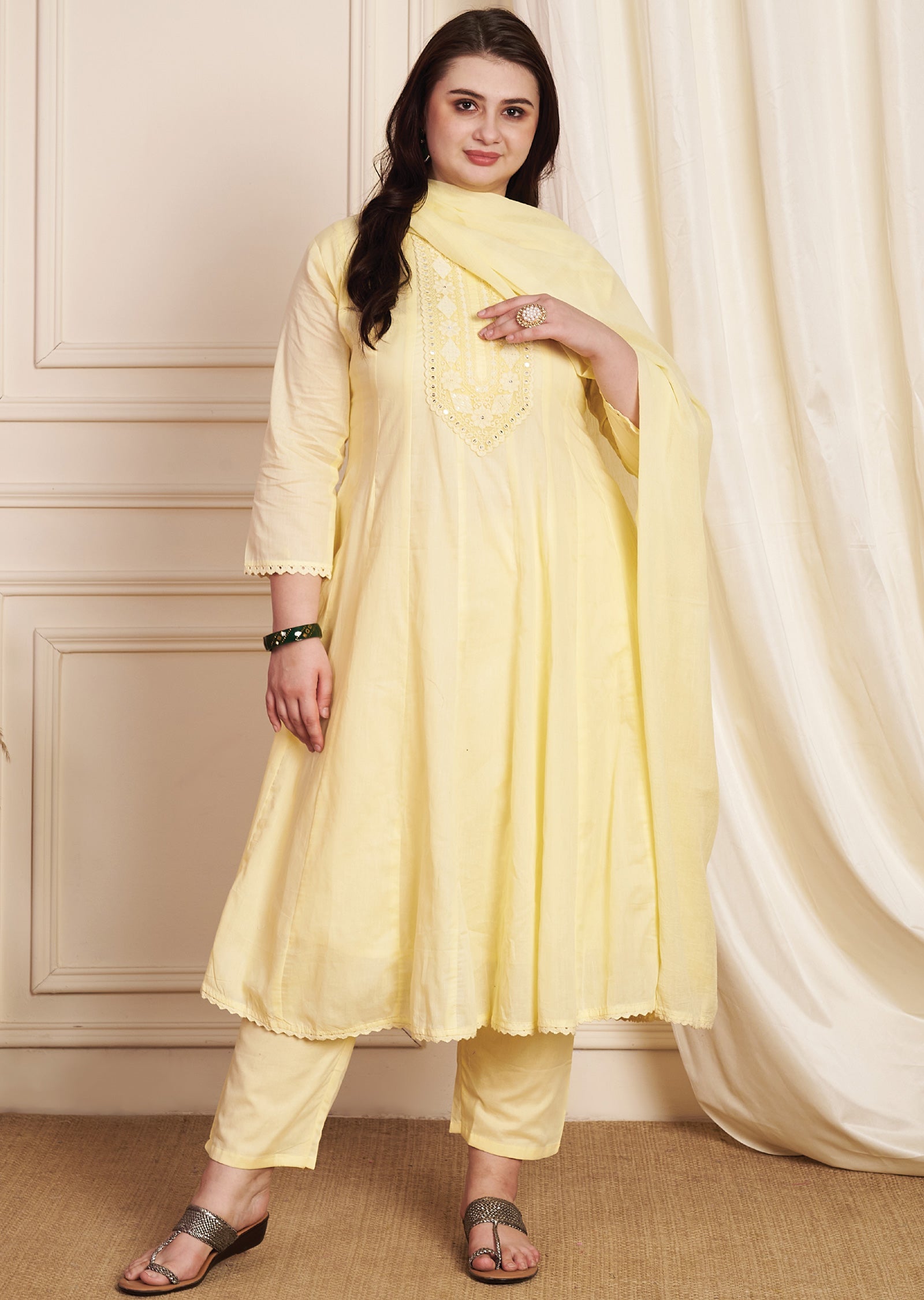 Light Yellow Cotton Anarkali Suit
