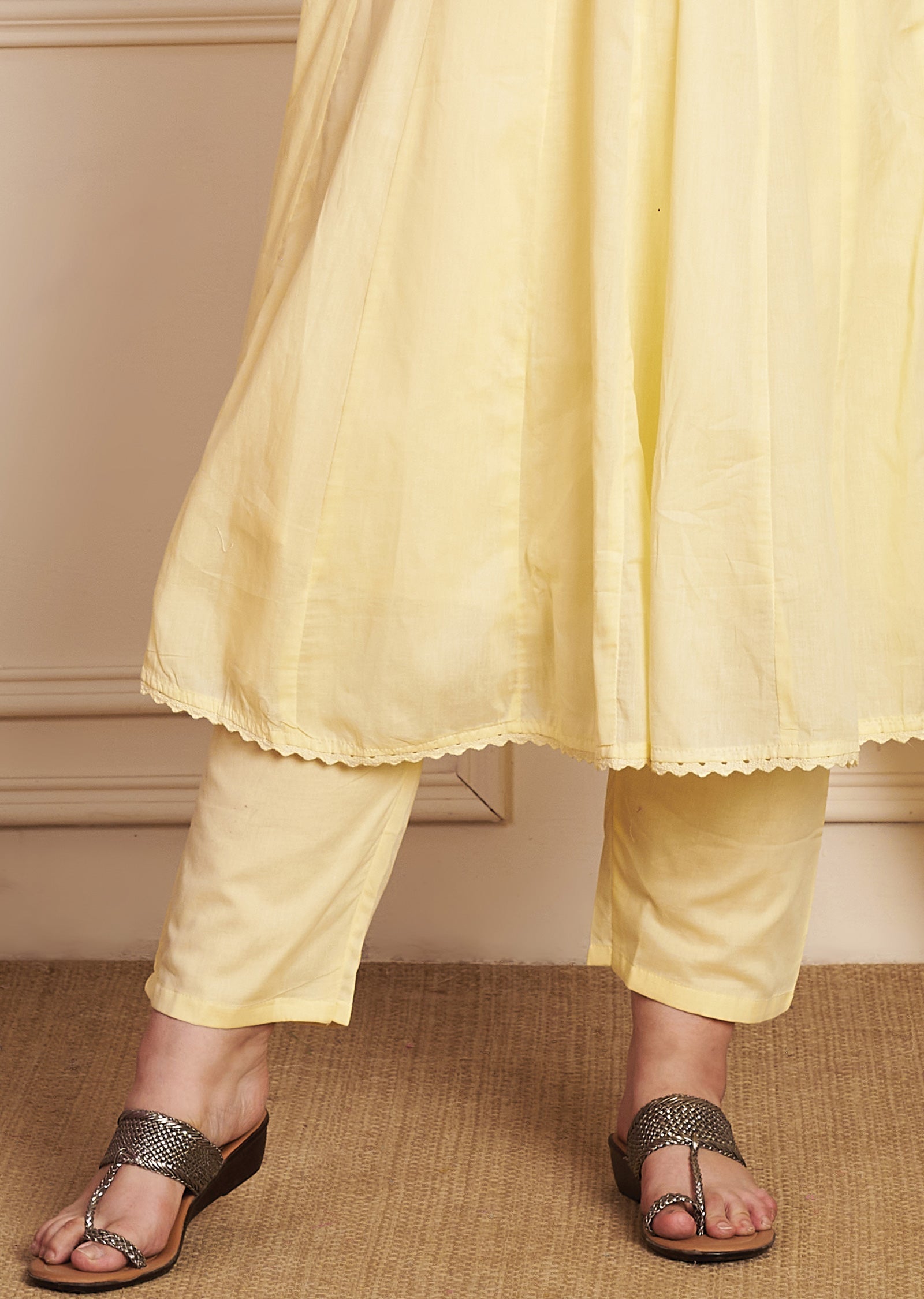 Light Yellow Cotton Anarkali Suit