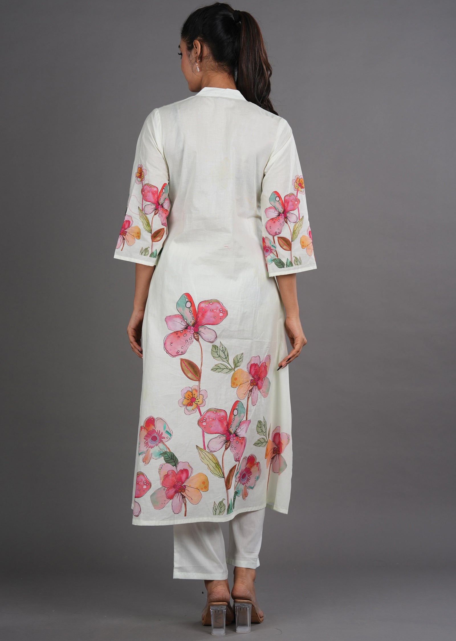 Cream Cotton Straight Cut Kurti Set