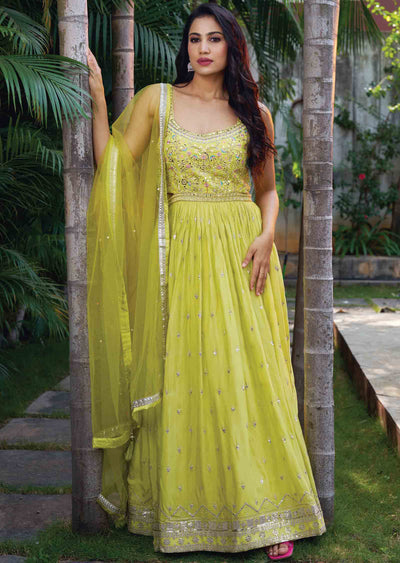 Lemon Green Chinnon Embroidered Anarkali