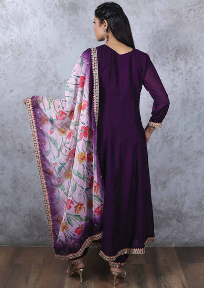 Dark Purple Silk Embroidered Anarkali