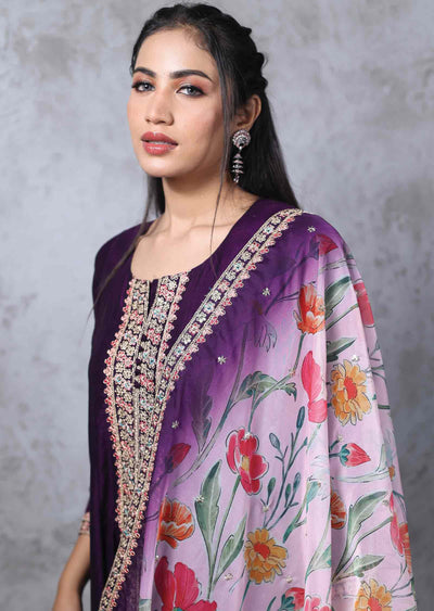 Dark Purple Silk Embroidered Anarkali