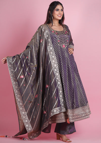 Dark Lavender Banaras Tissue Silk Anarkali