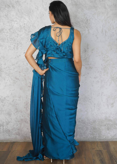Blue Chiffon Embroidered Fusion/Indo-Western Set