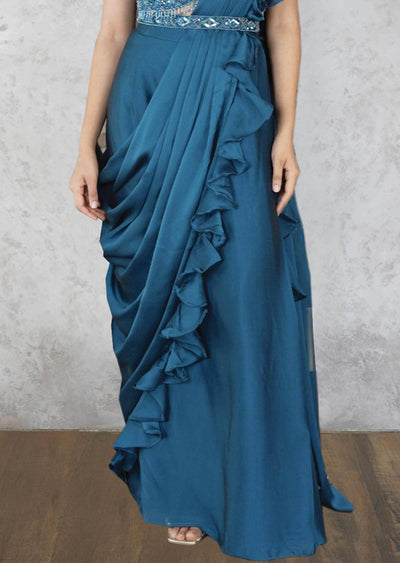 Blue Chiffon Embroidered Fusion/Indo-Western Set