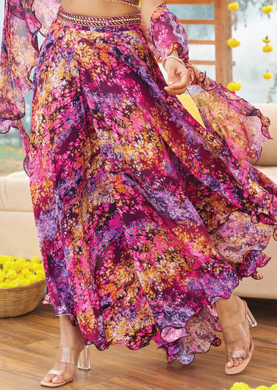 Purple Net/Georgette Mirror & Stone Work Fusion/Indo-Western Set