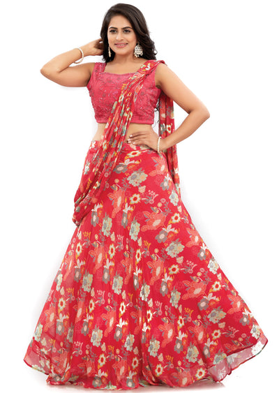 Rani Pink Chinnon Pre-Draped Saree with Muslin Blouse