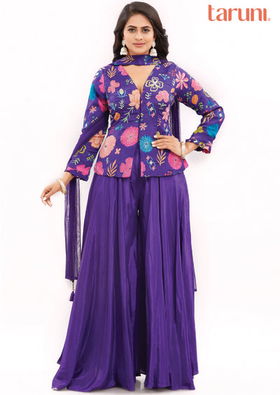 Purple Chinnon Indo-Western Palazzo Set with Long Blouse