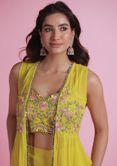 Lime Green Georgette Fusion Indo-Western