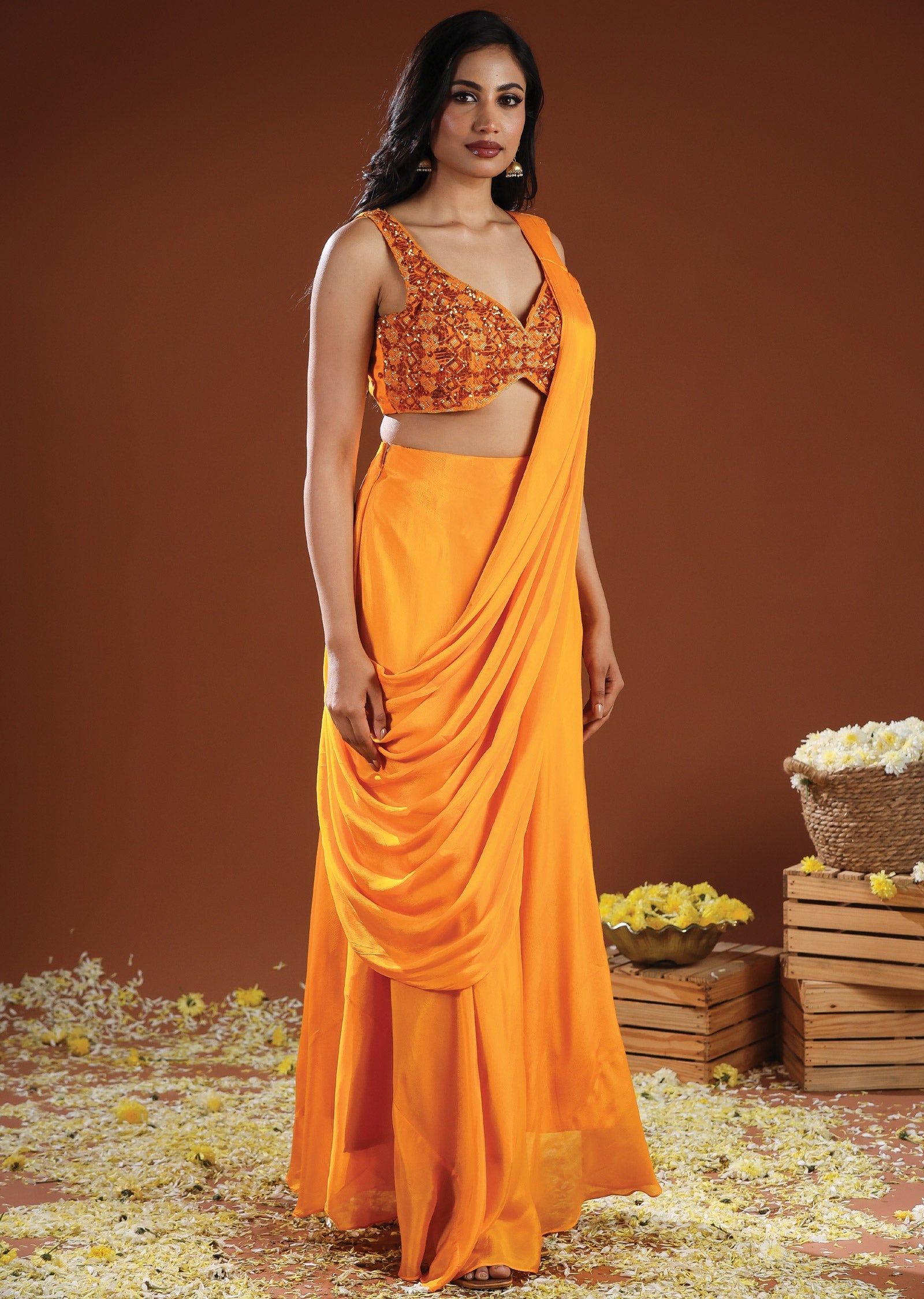 Orange Organza & Chinnon Draped Saree