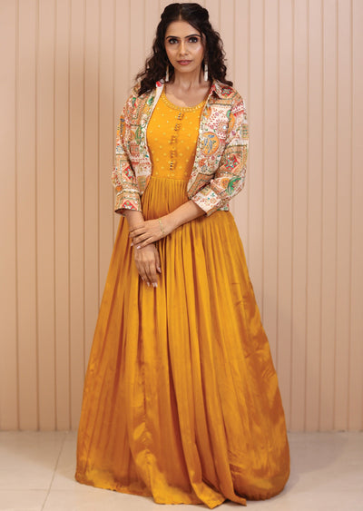 Mustard Chinnon Mirror & Resham Work Gown