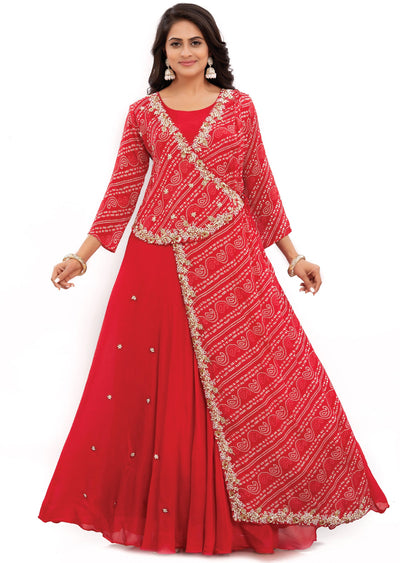 Red Chinnon Indo-Western Angrakha Style Gown