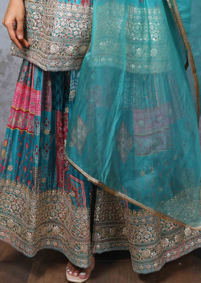 Rama Green Chinnon Embroidered Shararas/Ghararas