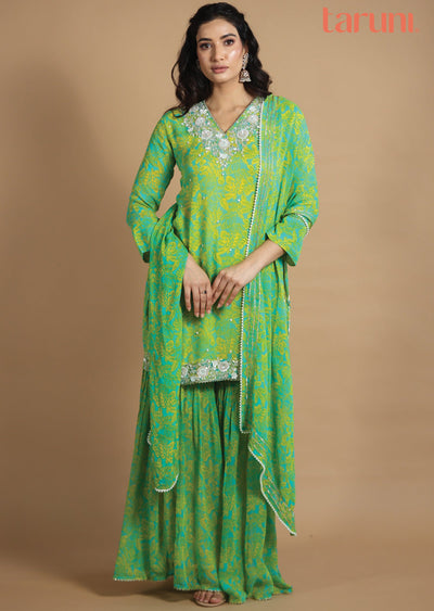 Sea Green & Yellow Sharara Set