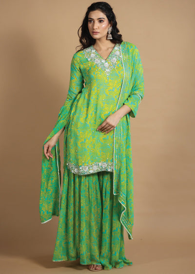 Sea Green & Yellow Sharara Set