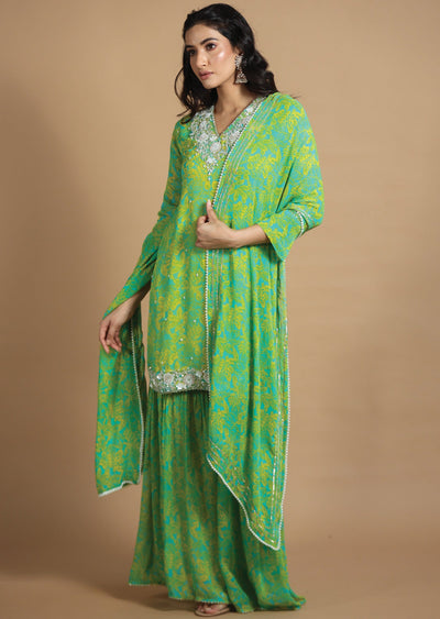 Sea Green & Yellow Sharara Set