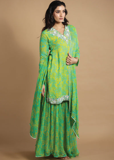 Sea Green & Yellow Sharara Set
