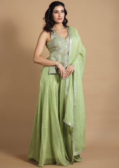 Light Green Tissue Silk Kurti with Zardosi & Stone Work