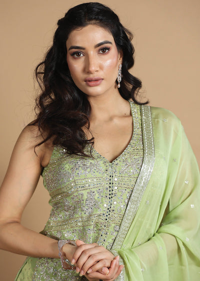 Light Green Tissue Silk Kurti with Zardosi & Stone Work