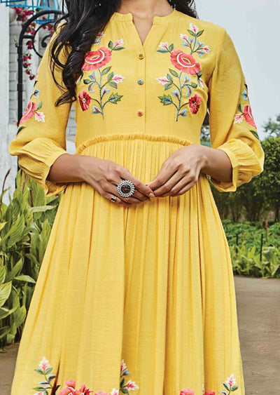 Yellow Linen Georgette Resham Work Frock Style Kurti