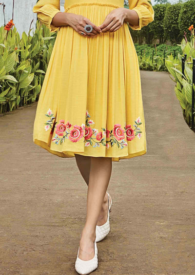 Yellow Linen Georgette Resham Work Frock Style Kurti