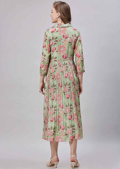 Pista Green Crepe Embroidered Frock Style Kurti