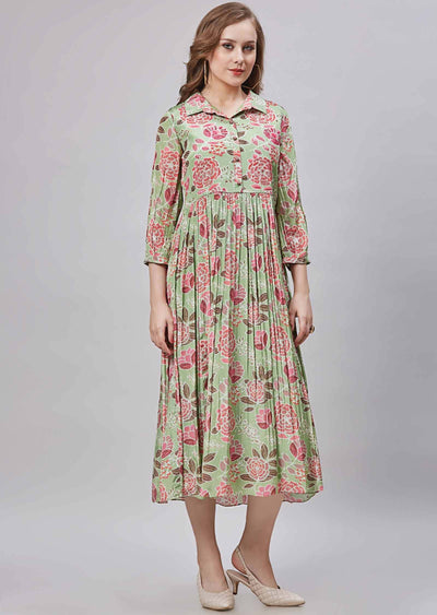 Pista Green Crepe Embroidered Frock Style Kurti