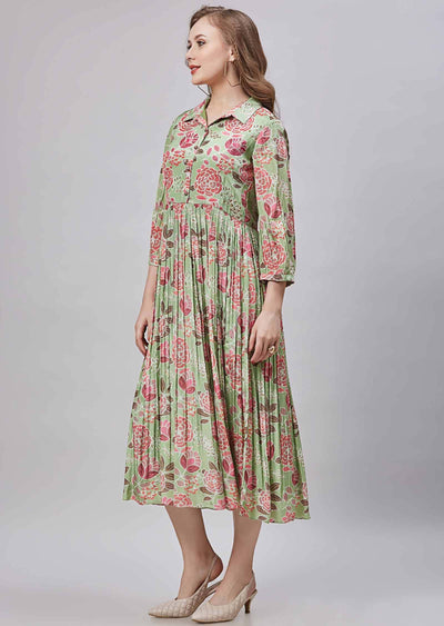 Pista Green Crepe Embroidered Frock Style Kurti