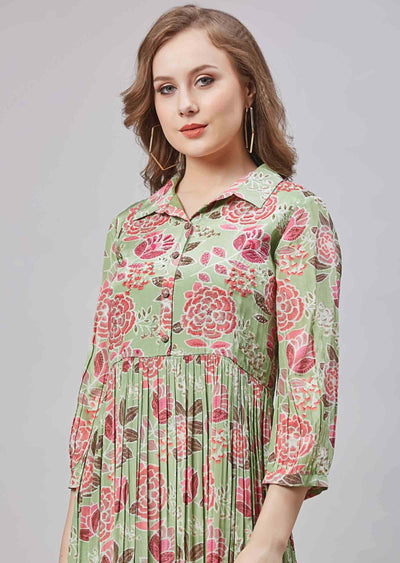 Pista Green Crepe Embroidered Frock Style Kurti