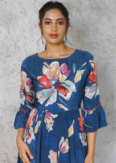 Dark Ink Blue Crepe Embroidered Frock Style Kurti