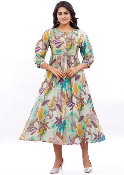 Mehndi Green Silk Frock Style Kurti with Sequence Work