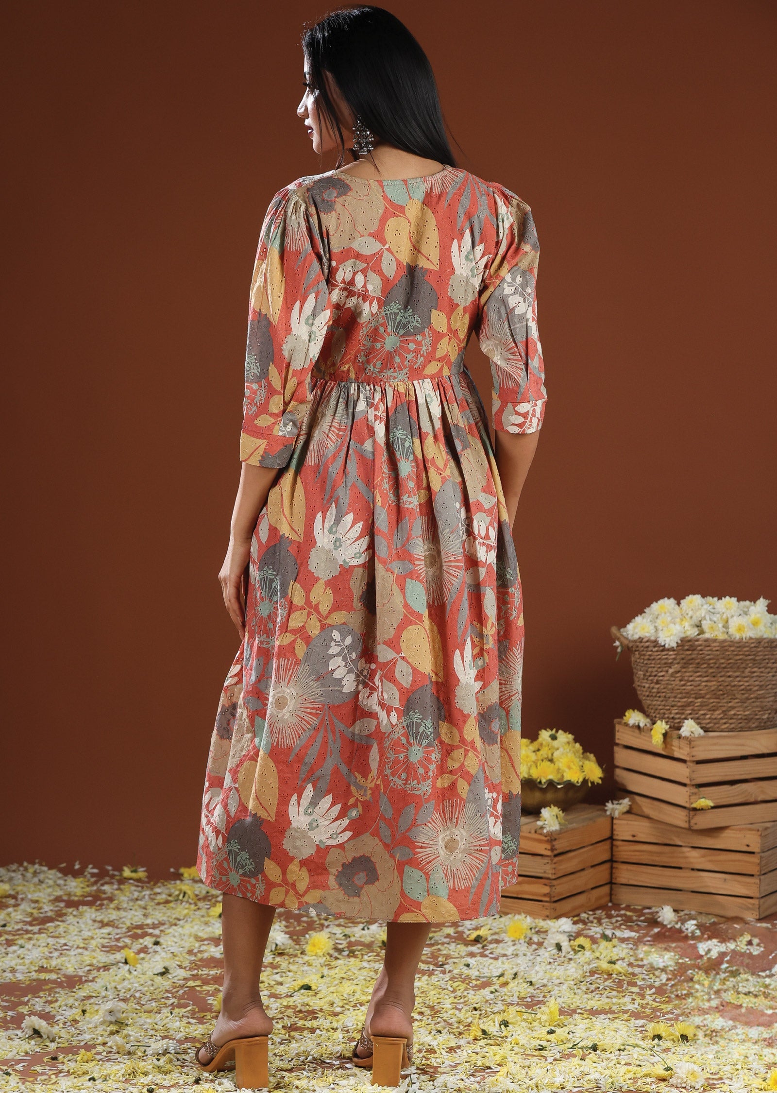 Rust Schiffli Cotton Midi Dress