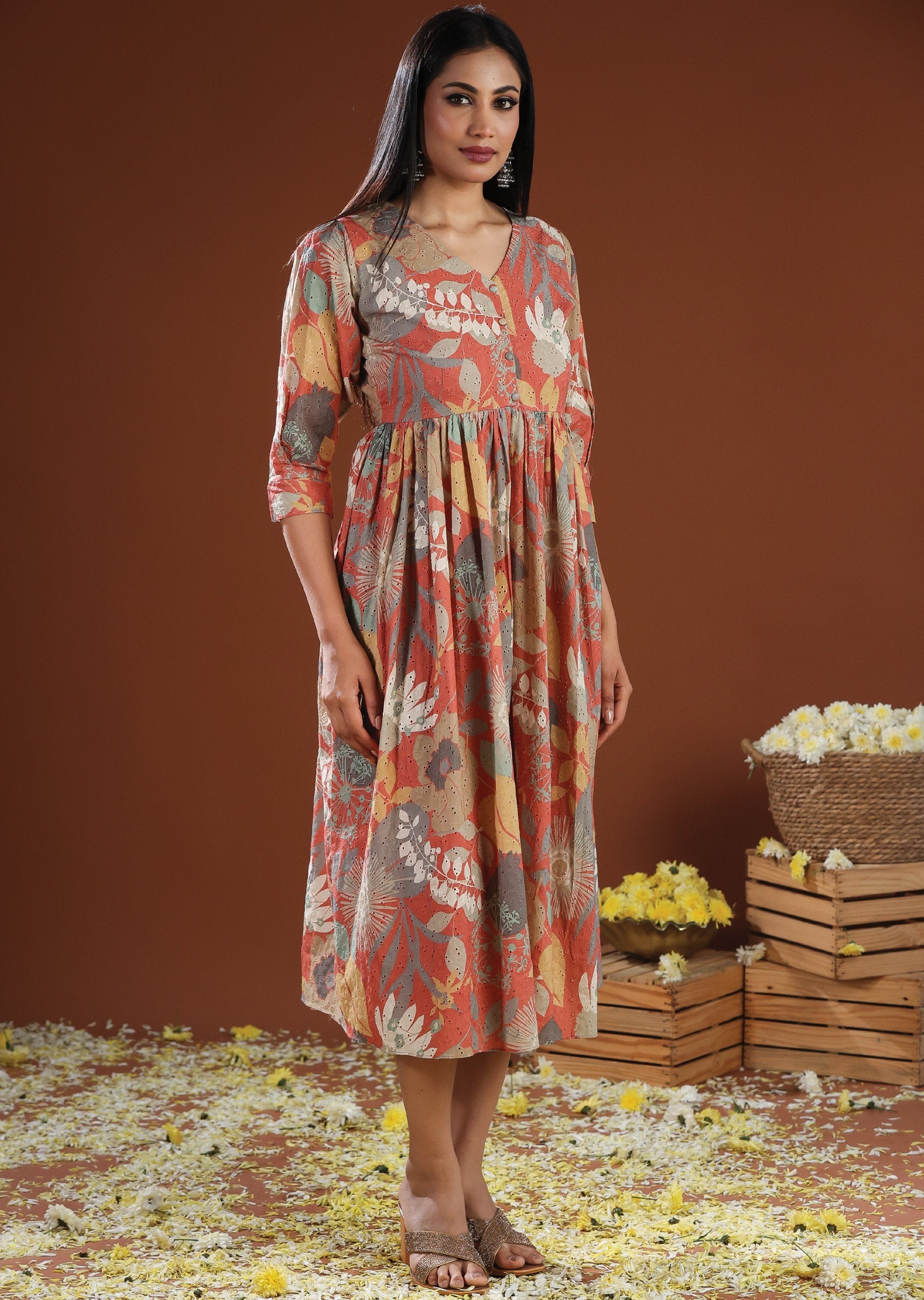 Rust Schiffli Cotton Midi Dress